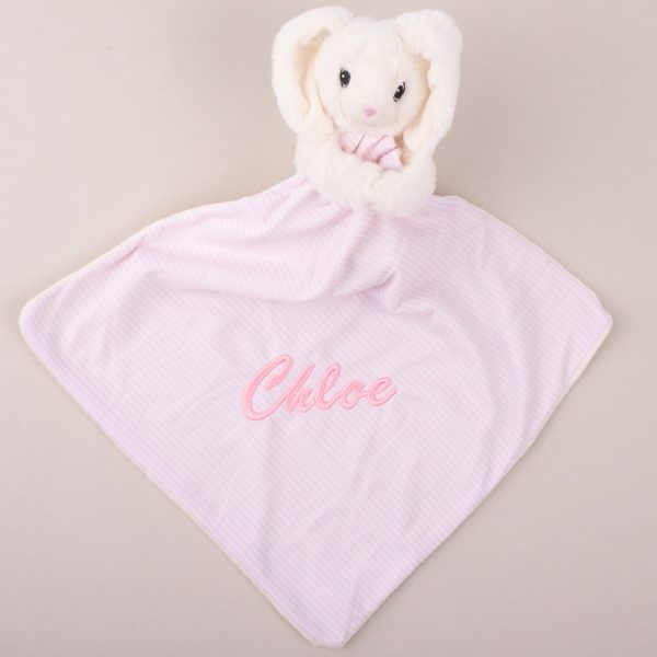 Personalised White Bunny Baby Comforter embroidered with Chloe. using pink thread.