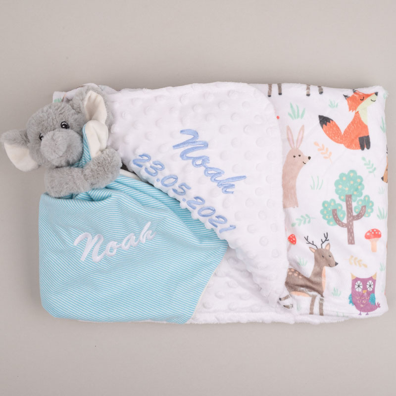 A forest minky blanet & elephant comforter both personalised with the name Noah