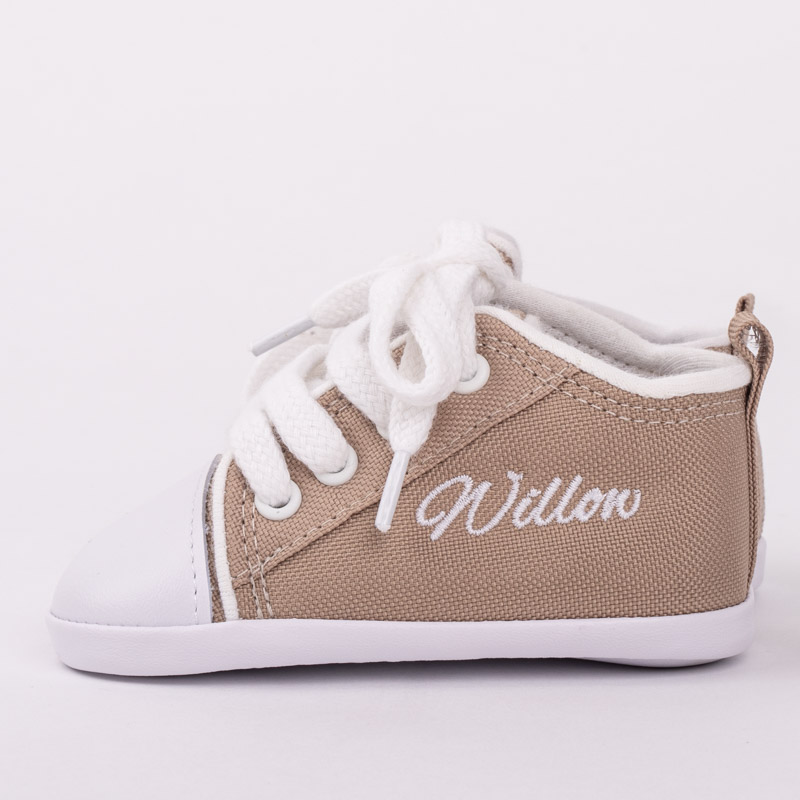 Sand coloured baby shoes personalised with the name Willow