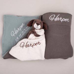 Olive Knitted Blanket, Green Sage Wrap & Puppy Baby Gift Box embroidered with Harper