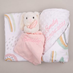 Personalised Forest Rainbow & Heart Blanket & Bunny Baby Comforter personalised with the name Emily