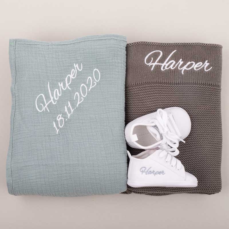 Olive Knitted Blanket, Green Sage Wrap & White Shoes Baby Gift personalised with the name Harper