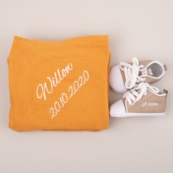 Personalised Yellow Mustard Muslin Wrap & Shoes Baby Gift personalised with the name Willow