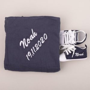 Personalised Navy Muslin Wrap & Navy Shoes Baby Gift Personalised with the name Noah