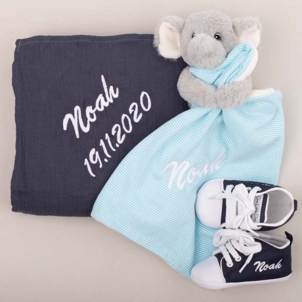 Personalised Navy Muslin Wrap, comforter & Navy Shoes Baby Gift personalised with the name Noah