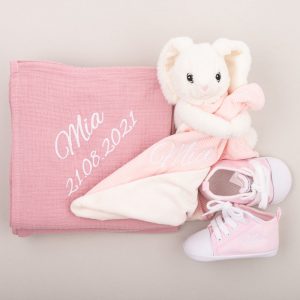 Personalised Pink Muslin Wrap, comforter & Pink Shoes Baby Gift personalised with the name Mia