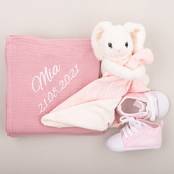 Personalised Pink Muslin Wrap, comforter & Pink Shoes Baby Gift personalised with the name Mia