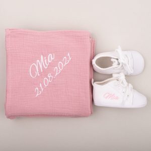 Personalised Pink Muslin Wrap & White Baby Shoes Gift embroidered with the name Mia