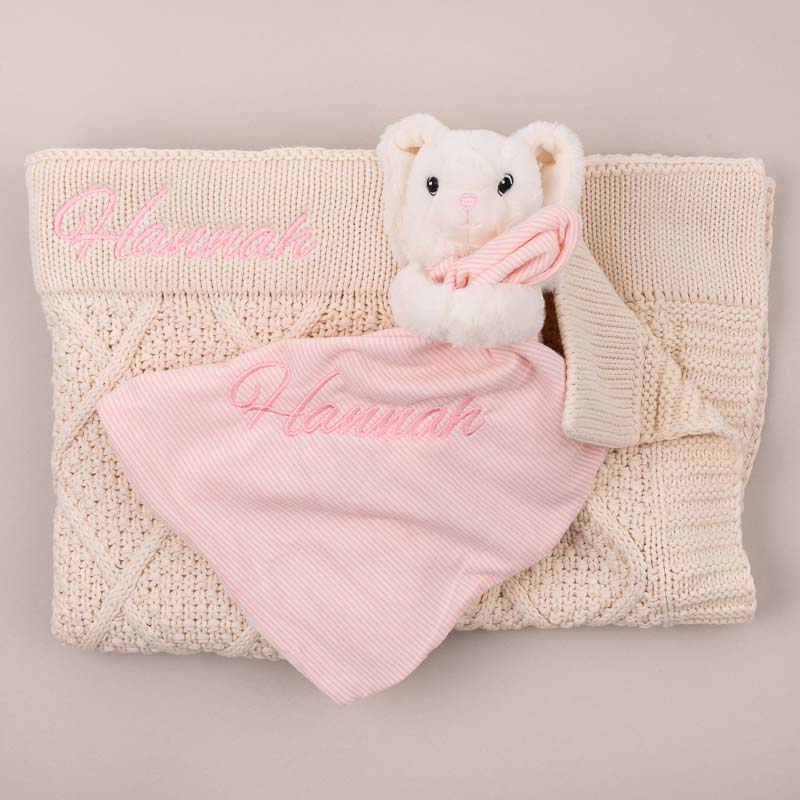 Personalised Cream Diamond Knitted Blanket & Pink Bunny Baby Gift Box Embroidered with Hannah