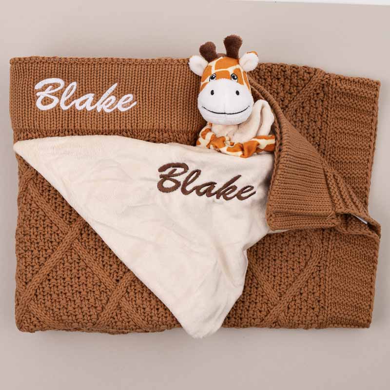 Personalised Brown Diamond Knitted Blanket & Giraffe Baby Gift Box Embroidered with Blake