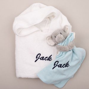 Personalised White Hooded Poncho & Elephant Gift embroidered with the name Jack