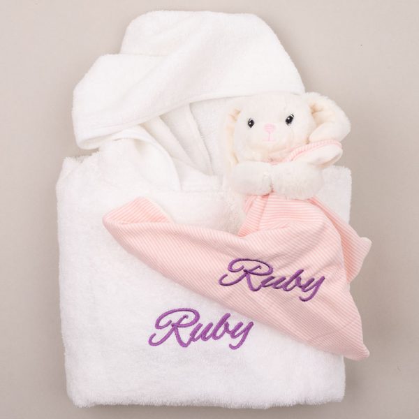 Personalised White Hooded Baby Poncho & Bunny Gift Box personalised with the name Ruby