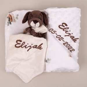 Personalised Rainbow Forest Minky & Puppy Baby Gift embroidered with Elijah