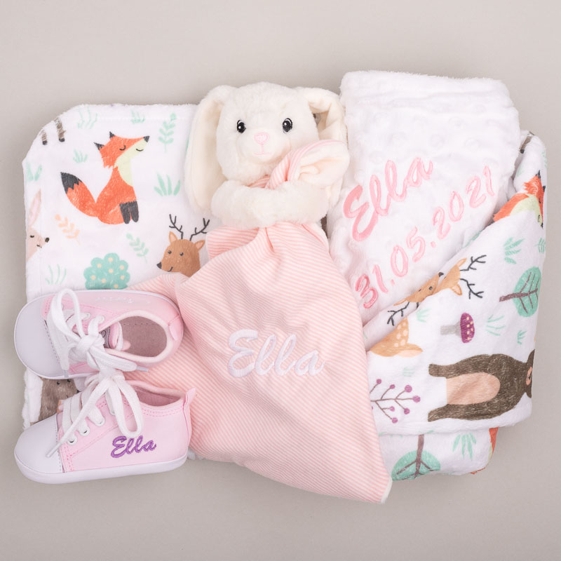 Our Personalised Forest Minky, Bunny Comforter & Shoes Baby Gift
