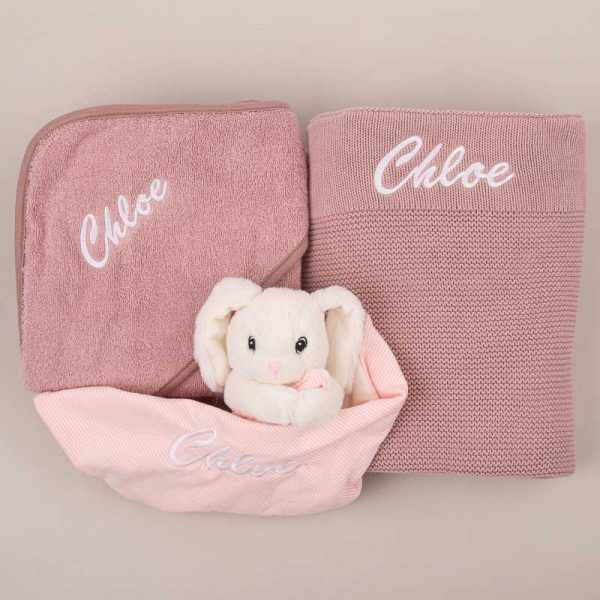 Blush Pink Knitted Blanket, Blush Pink Hooded Towel & Bunny Baby Gift embroidered with Chloe