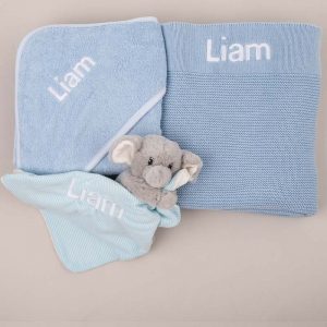 Blue Knitted Blanket, Elephant Comforter & Blue Hooded Towel Baby Gift
