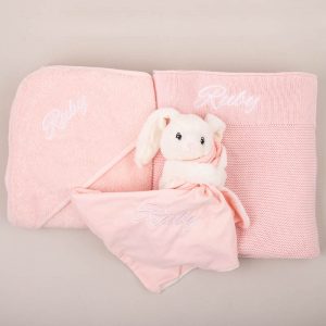 Pink Knitted Blanket, Bunny Comforter & Pink Hooded Towel Baby Gift embroidered with Ruby