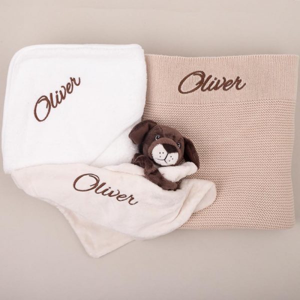 Beige Knitted Blanket, Puppy Comforter & White Hooded Towel Baby Gift embroidered with Oliver