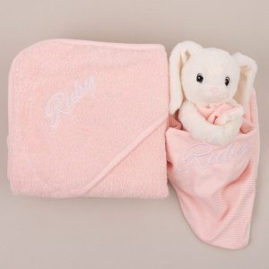 Personalised Pink Hooded Towel & White Bunny Baby Gift