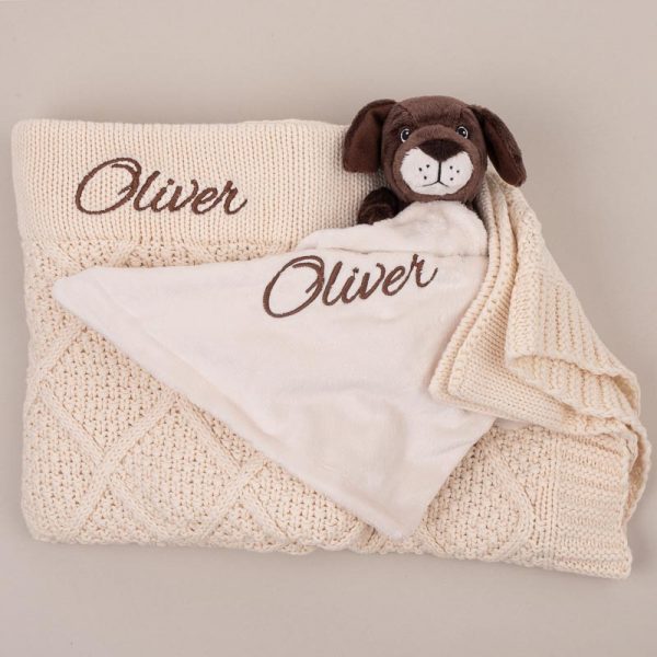 Personalised Cream Diamond Knitted Blanket & Puppy Comforter Baby Gift Sets