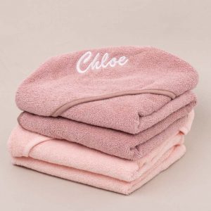 Blush pink and pink hooded baby towels gift for newborn girls.