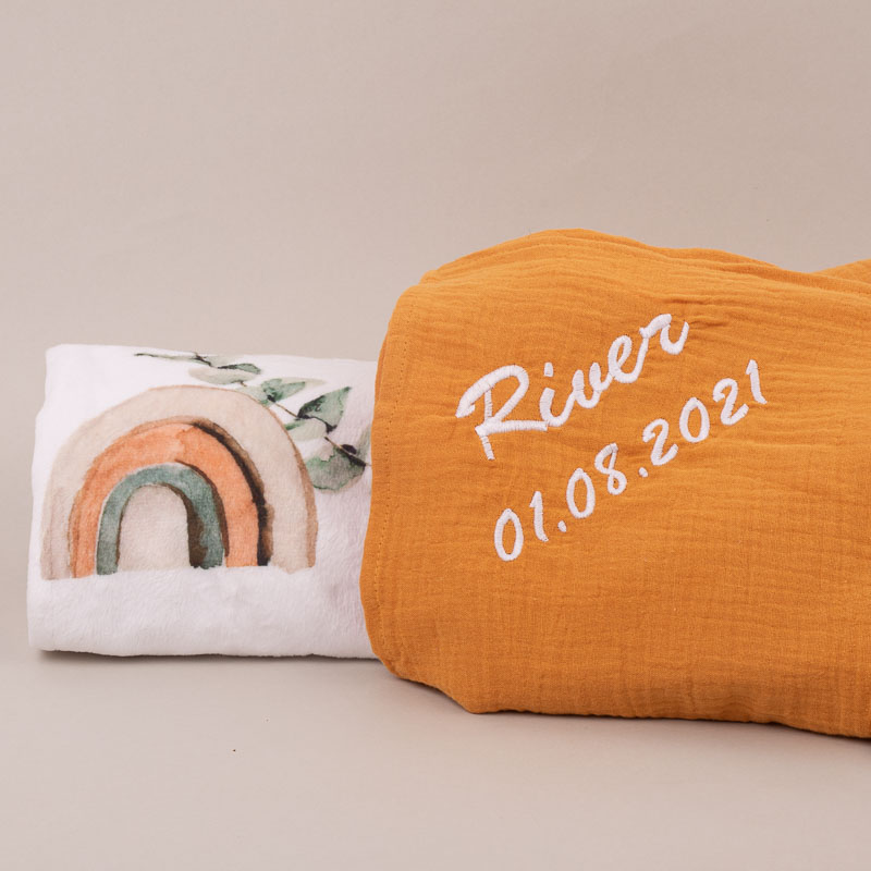 Personalised Yellow Mustard Organic Muslin Wrap personalised with River & Personalised Rainbow Forest Minky &
