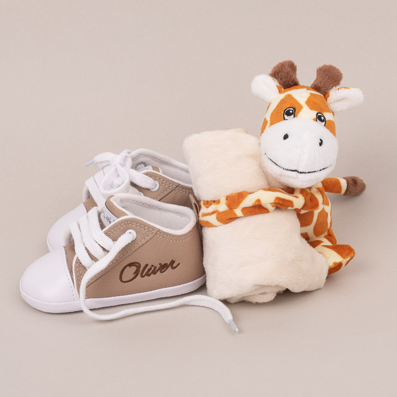 Personalised Giraffe Baby Comforter & Personalised Sand Baby Shoes embroidered with Oliver