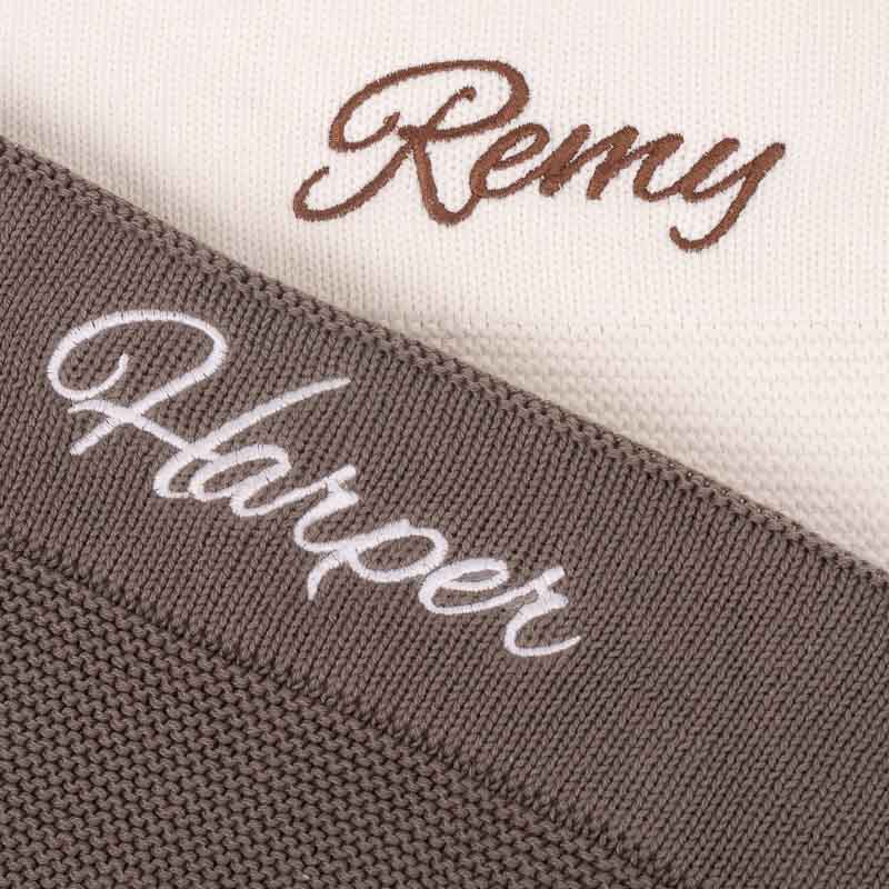 Personalised White Knitted Blanket embroidered with Remy & Personalised Olive Green Knitted Blanket embroidered with Harper