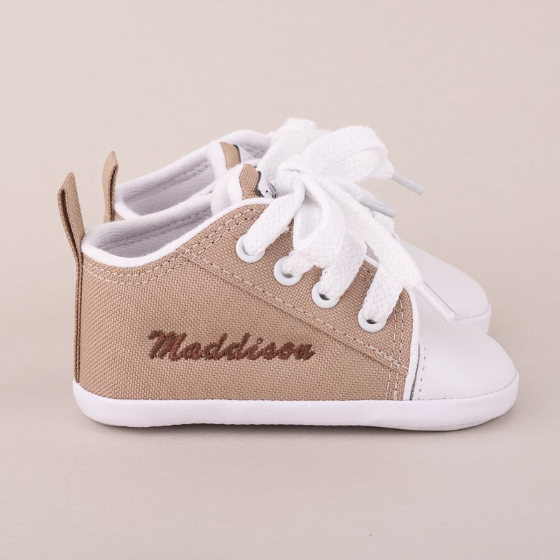 Sand coloured personalised baby shoes gift for newborn.