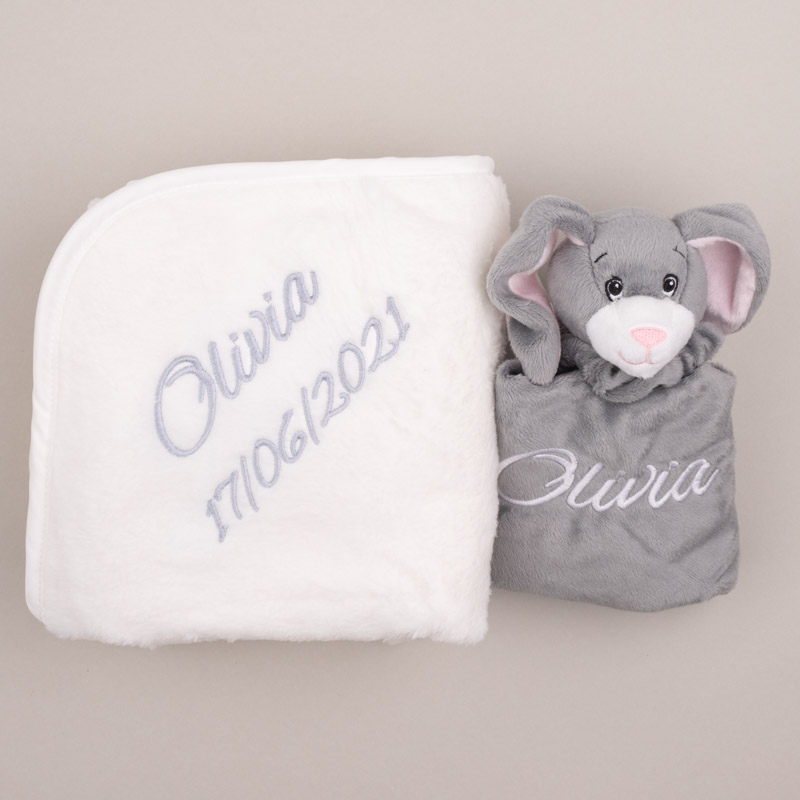 Personalised Fleece Blanket & Personalised Grey Bunny Comforter embroidered with Olivia