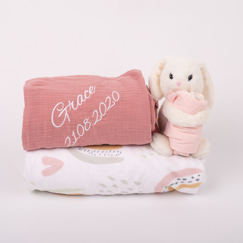 Personalised Dark Pink Organic Muslin Wrap, Personalised Rainbow & Heart Minky Blanket & Personalised White Bunny Baby Comforter