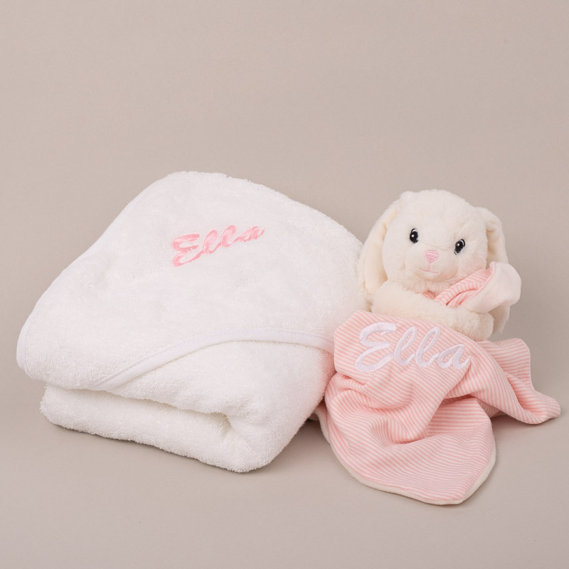 Items included in Personalised Hooded Baby Towel & Bunny Gift Box
