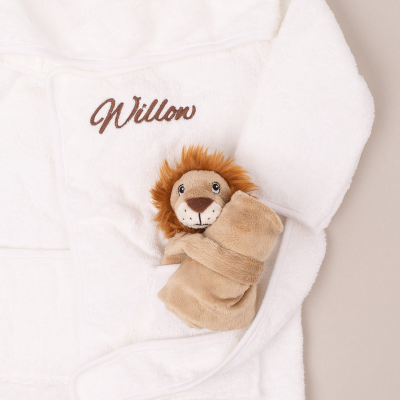 Personalised White Hooded Robe embroidered with Willow & Personalised Lion Baby Comforter