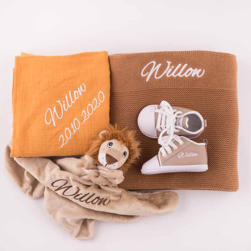 Mustard Muslin Wrap, Sand Baby Shoes, Lion Comforter & Brown Knitted Blanket embroidered with Willow