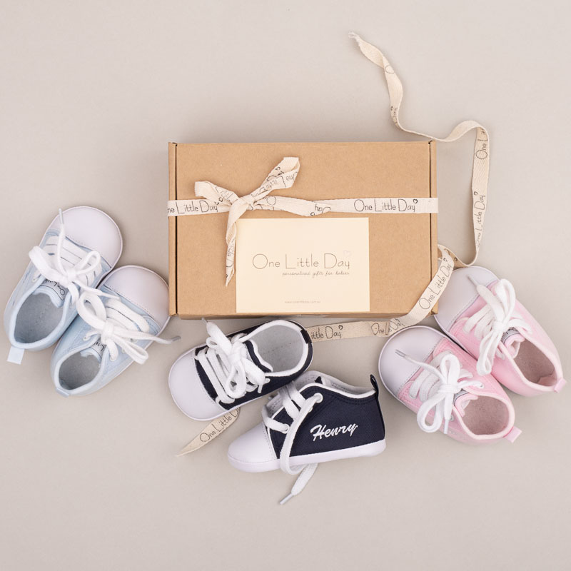 Personalised Blue Baby Shoes, Personalised Navy Blue Baby Shoes, Personalised Pink Baby Shoes shown with box