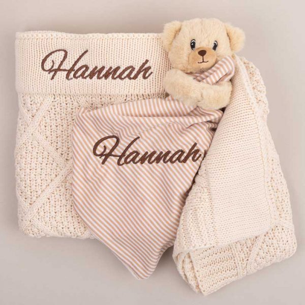 Personalised Cream Diamond Knitted Blanket and Bear Comforter Baby Gift embroidered with the name Hannah.