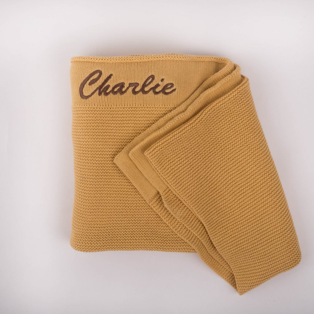 Personalised Yellow Mustard Knitted Blanket embroidered with Charlie