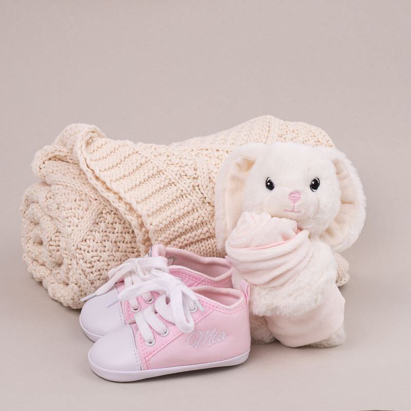 Personalised Cream Diamond Knitted Blanket, Personalised White Bunny Baby Comforter & Personalised Pink Baby Shoes
