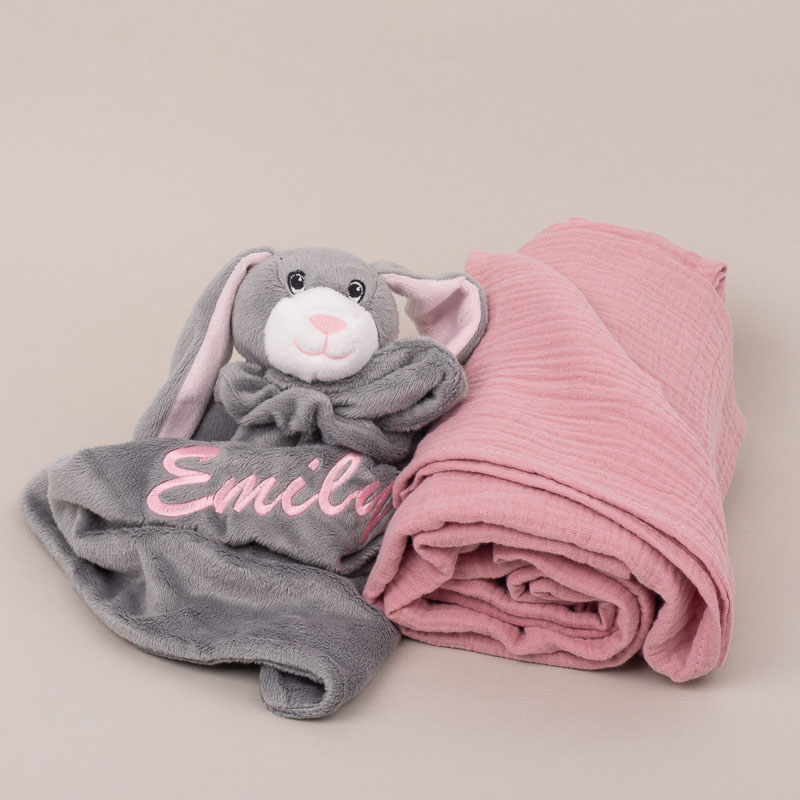 Personalised Grey Bunny Baby Comforter embroidered with Emily alongside Personalised Pink Organic Muslin Wrap