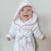 Pink Gingham Hooded Robe Personalised with Sloane in Micro Block font.
