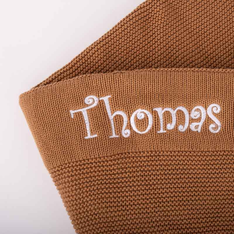 Personalised Brown Knitted Blanket embroidered with Thomas in curls