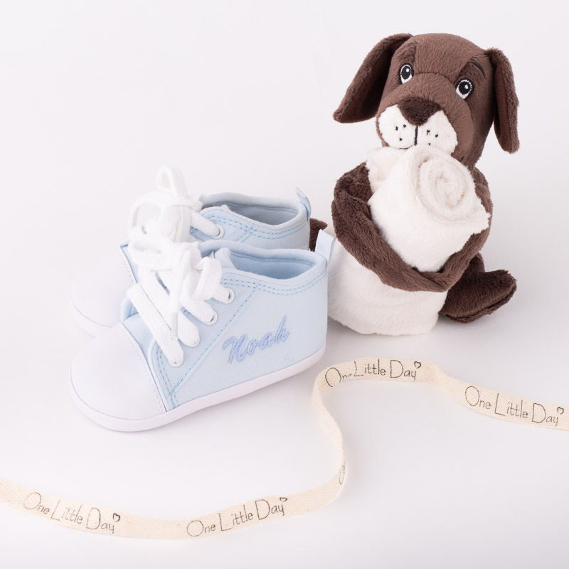Personalised Puppy Baby Comforter & Personalised Blue Baby Shoes embroidered with Noah