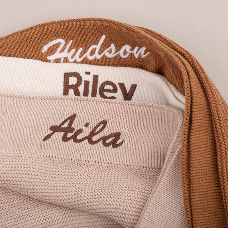 Personalised Brown Knitted Blanket embroidered with Hudson, Personalised White Knitted Blanket embroidered with Riley, Personalised Beige Knitted Blanket embroidered with Aila