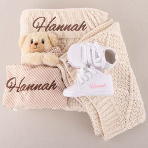 Cream Diamond Knitted Baby Blanket, Bear Comforter and White Shoes present idea for babies.