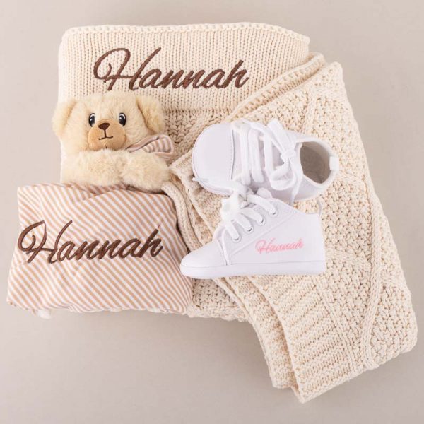 Personalised Baby Gift – Diamond Knitted Blanket, Bear & Shoes