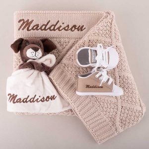 Personalised Beige Diamond Blanket, Puppy Comforter and Shoes Baby Gift.