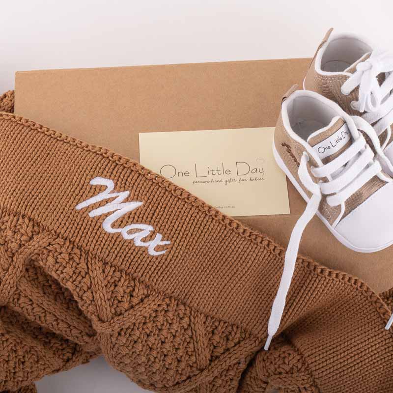 Personalised Brown Diamond Knitted Blanket, Personalised Sand Baby Shoes with box