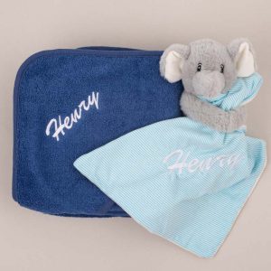 Personalised Navy Blue Hooded Towel and Elephant Comforter Baby Gift, embroidered with Henry baby boy gift.