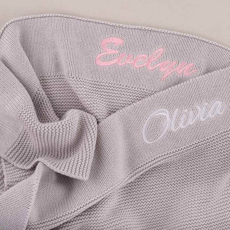 Two Personalised Light Grey Baby Blankets
