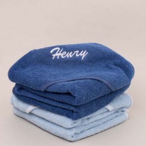 Personalised Blue Hooded Baby Towel and Personalised Navy Hooded Baby Towel baby boy gift.